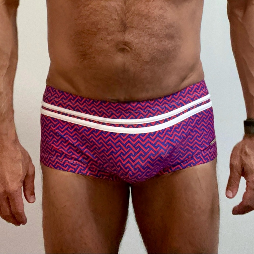 Andrew Christian Red and Blue Squarecut Swim Trunks